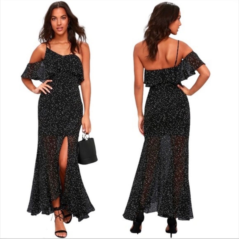 Keepsake the label: Embrace Me Black Polka Dot One-Shoulder Maxi Dress